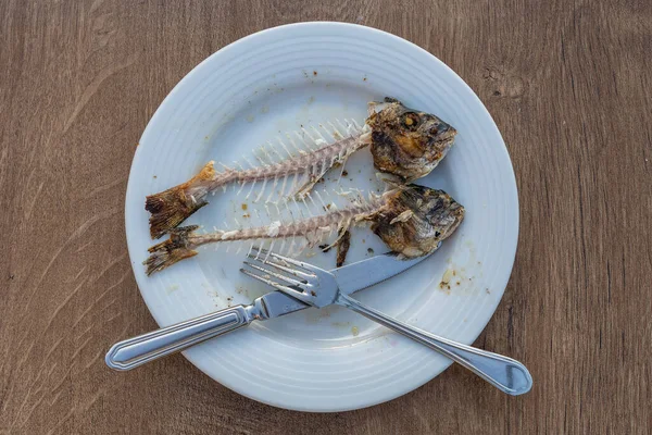 Two fish bone with head and knife and fork on white plate, close up, top view