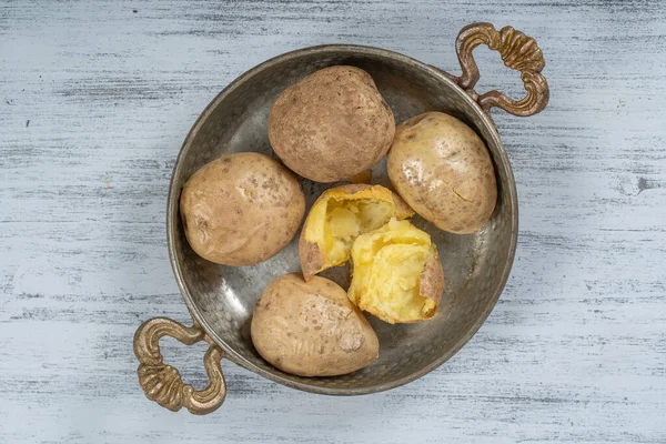 Baked Potato Metal Bowl Wooden Table Simple Vegetarian Food Roast — Stock Photo, Image