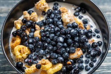Siyah bir kasede yabanmersinli ve taneli müsli, yakın çekim. Sağlıklı yemek, sağlıklı kahvaltı konsepti