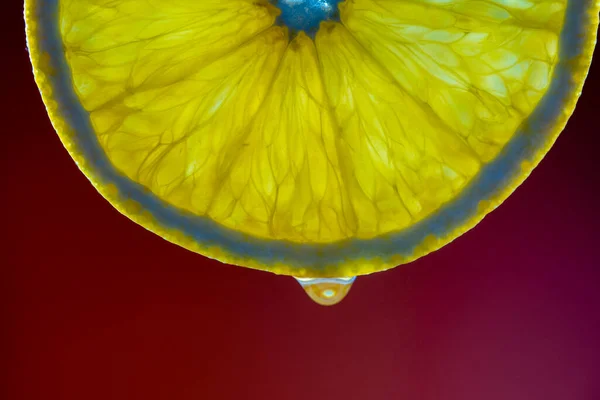 Rebanada Naranja Fresca Gota Agua Sobre Fondo Rojo Macro Cerca — Foto de Stock