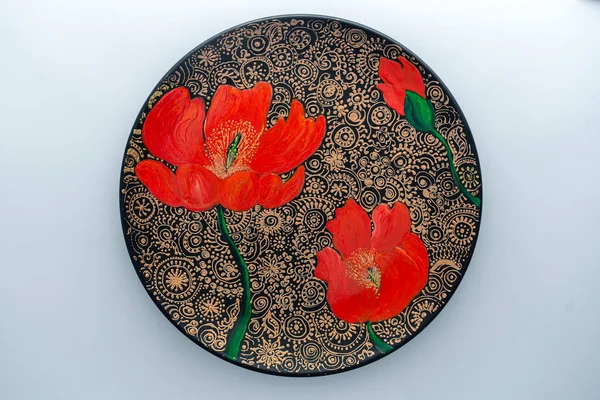 Decorative Ceramic Plate Red Poppies Painted Plate White Background Close — Stock Photo, Image