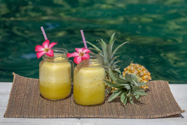 Homemade Mango Pineapple Smoothie Made Coconut Milk Two Glass Mug — Stock Photo, Image