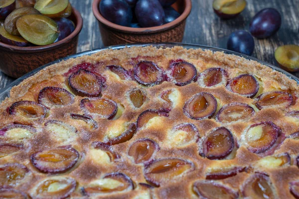 Homemade Organic Plum Pie Dessert Ready Eat Plum Tart Old — Stock Photo, Image