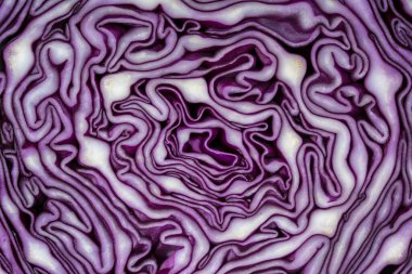 Kesikteki mavi lahananın arka planı, makro fotoğrafçılık. Yaklaş, üstten bak. Çiğ mor lahana dokusu