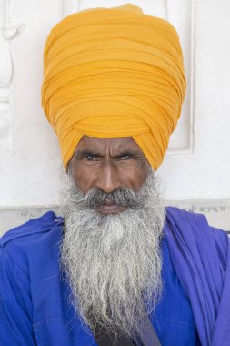Turuncu sarıklı, gür sakallı Hintli sih adamın portresi. Amritsar, Hindistan. Kapat.