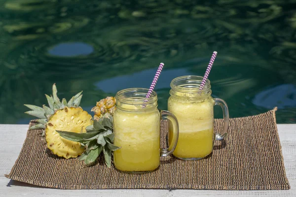 Homemade Mango Pineapple Smoothie Made Coconut Milk Two Glass Mug — Stock Photo, Image