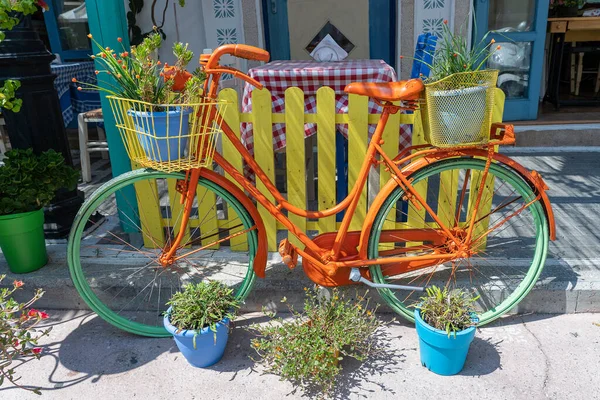 Pots Fleurs Dans Panier Vélo Vintage Dans Cour Côté Café — Photo