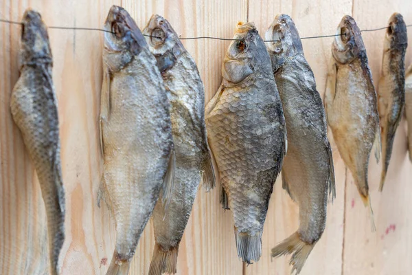 Poisson Salé Séché Accroché Une Corde Contre Mur Bois Gros — Photo