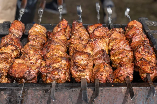 Roasted Meat Cooked Barbecue Grilled Kebab Cooking Metal Skewer Bbq — Stock Photo, Image