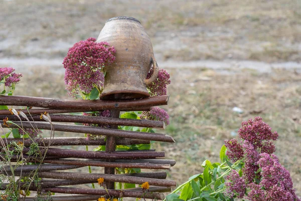 Clay Pot Flowers Wicker Fence Outdoors Ukraine Rural Ukrainian National — Stock Photo, Image