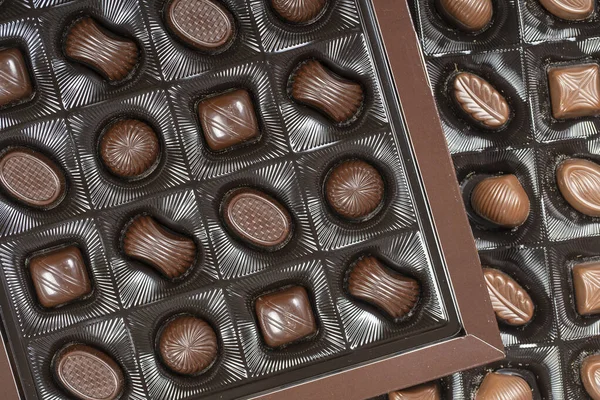 Fechar Fundo Chocolate Doce Marrom Sortimento Doces Doces Chocolate Caixa — Fotografia de Stock