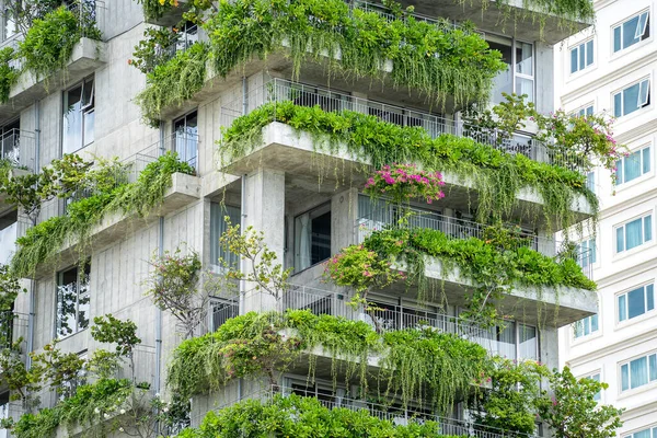 Ecological buildings facade with green plants and flowers on the stone wall of the facade of the house on the street of Danang city in Vietnam