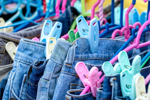 Many Blue Jeans Hangers Sale Local Street Market Thailand Close — Stock Photo, Image