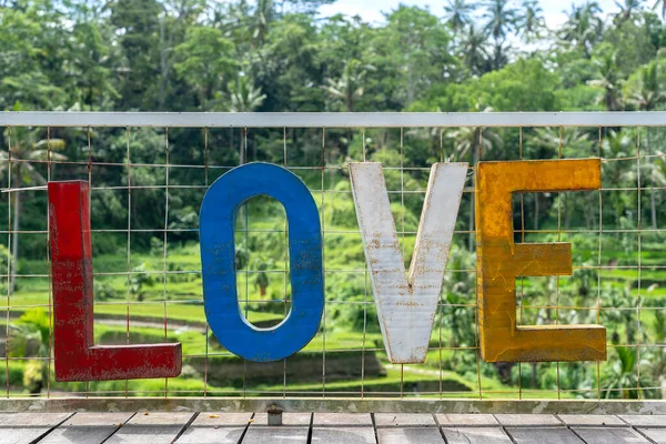 Sinal Colorido Amor Perto Campos Arroz Terraços Fundo Island Bali — Fotografia de Stock