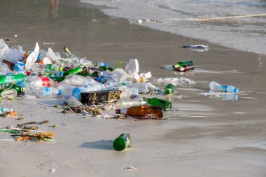 KOH PHANGAN, THAILAND - HABRUARY 01, 2018: Haad Rin plajındaki deniz suyu kirliliğinin sonuçları Koh Phangan, Tayland 'daki dolunay partisinden sonra