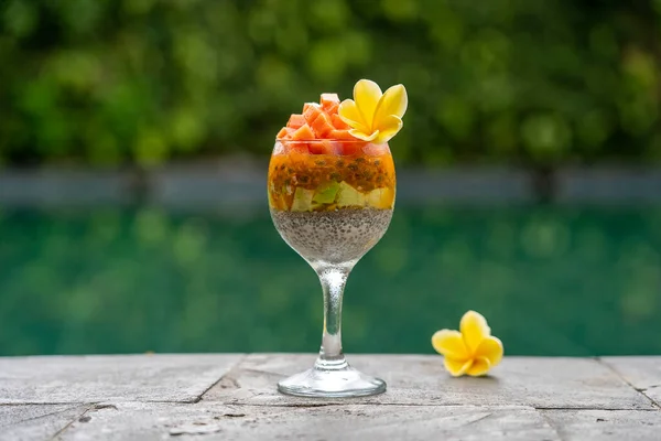 Chia Seeds Pudding Papaya Passion Fruit Mango Avocado Glass Breakfast — Stock Photo, Image