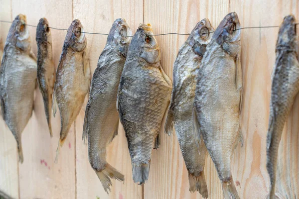 Αποξηραμένα Αλατισμένα Ψάρια Που Κρέμονται Σχοινί Στον Ξύλινο Τοίχο Κοντά — Φωτογραφία Αρχείου