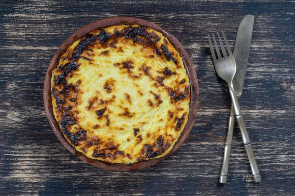 Casseruola Fiocchi Latte Dolci Con Uvetta Semola Sul Tavolo Legno — Foto Stock