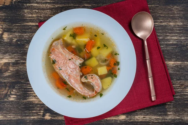 Verse Zalmvissoep Met Wortelen Aardappelen Kruiden Een Wit Bord Close — Stockfoto