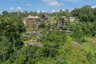 BALI, INDONEZYA - Mart 02, 2019: Orman, tropikal yağmur ormanı ve dağlar, Ubud, ada Bali, Endonezya panoramik manzaralı geleneksel Bali evleri