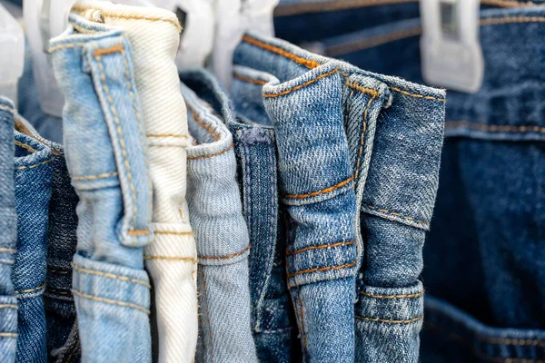 Many Blue Jeans Hangers Sale Local Street Market Thailand Close — Stock Photo, Image