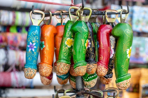 Wooden Penises Figures Souvenir Display Sale Tourists Street Local Market — Stock Photo, Image