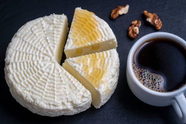 Beyaz fincanlı ev yapımı beyaz peynir, siyah arka planda bal ve ceviz, yakın plan, üst manzara. Ev yapımı peynir. Sütten peynir.