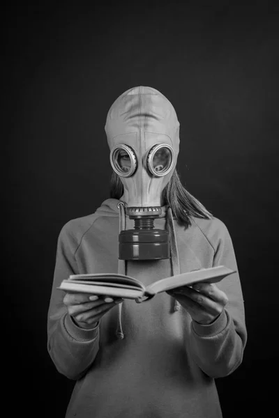 Girl Gas Mask Reads Book Black Background Close Black White — Stock Photo, Image