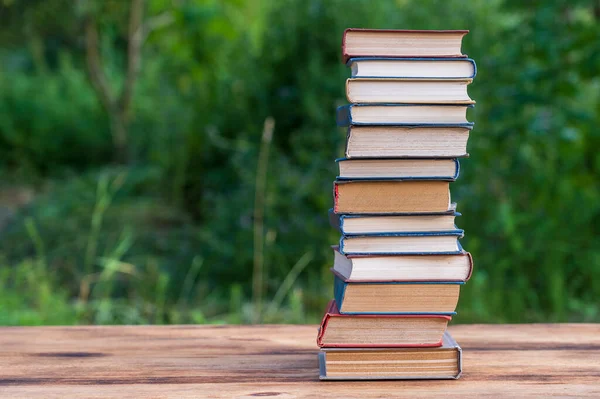 Montón Libros Sobre Mesa Madera Sobre Fondo Natural Aire Libre — Foto de Stock