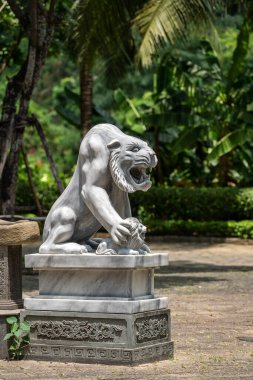 Beyaz kaplan ve aslan heykeli tropikal bahçedeki parkta, Vietnam 'da. Kapat.