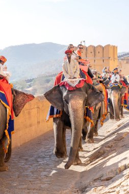 JAIPUR, INDIA - 26 Kasım 2018: Madalyalı filler eski Hindistan 'ın Rajasthan kentindeki Jaipur kentindeki Amber Kalesi' nde turistlere biniyorlar