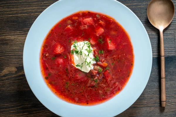 Borsch Vermelho Nacional Ucraniano Russo Sopa Beterraba Prato Nacional Ucrânia — Fotografia de Stock