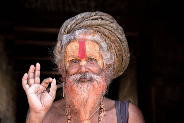 KATHMANDU, NEPAL - SEPTEMBER 25, 2016 : Portrait Sadhu man at Pashupatinath Temple in Kathmandu, Nepal, close up face