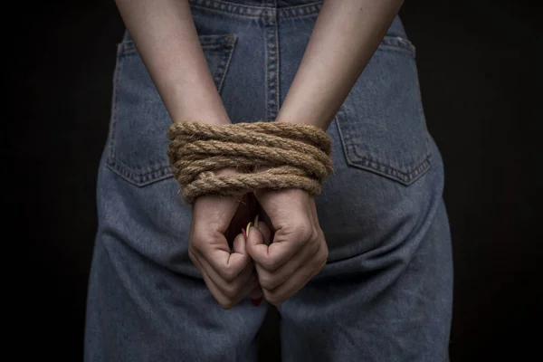 Young Girl Bound Hands Black Background Woman Violence Concept Close — Stock Photo, Image