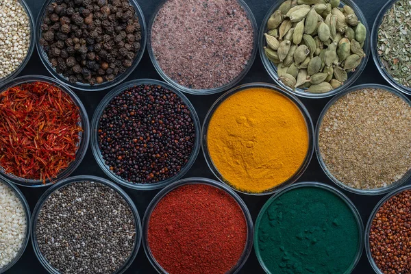 Different Spices Herbs Background Close Top View Assortment Colorful Spices — Stock Photo, Image