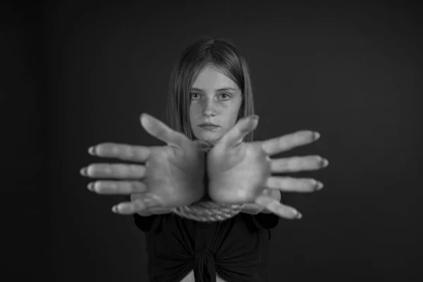 Portrait Young Girl Bound Hands Black Background Black White — Stock Photo, Image