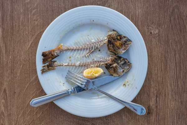 頭とナイフを持つ2本の魚の骨と白いプレート上にフォーク 閉じる 上のビュー — ストック写真
