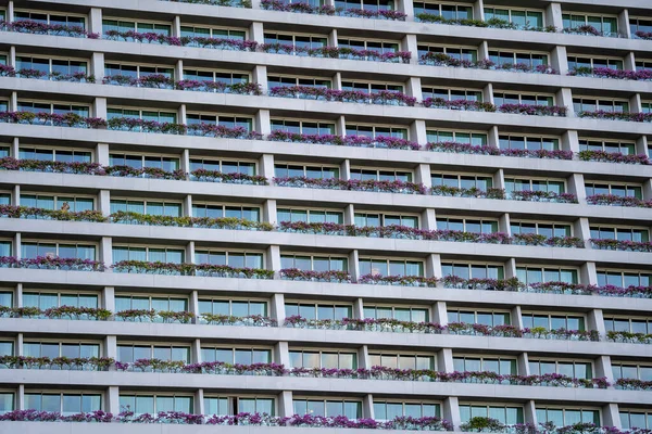 Ecological Building Facade Green Plants Pink Flowers Stone Wall Balcony — Stock Photo, Image