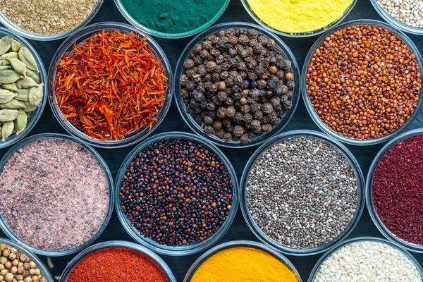 Different Spices Herbs Background Close Top View Assortment Colorful Spices — Stock Photo, Image