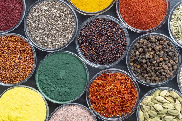 Different Spices Herbs Background Close Top View Assortment Colorful Spices — Stock Photo, Image