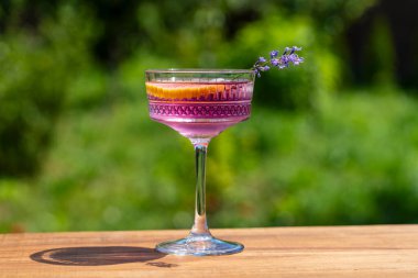 Yeşil bir yaz bahçesine karşı ahşap masada zarif kristal bardakta servis edilen parlak kokteyl ya da limonata. Eflatun çiçekli mor renkli içecek ve bir dilim limon.