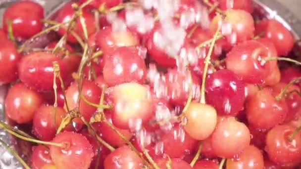 En el fregadero cereza en un colador bajo el agua cámara lenta — Vídeo de stock