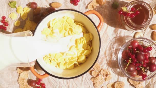 On a parchment paper a bowl with flakes and berries near the honey slow motion — Stock Video