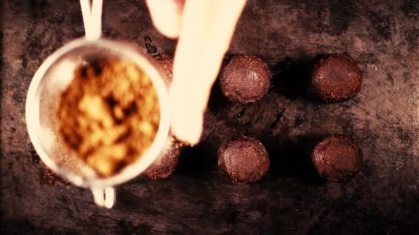 Bonbon-Kakaopulver aus einem kleinen Löffelsieb bestreuen — Stockvideo