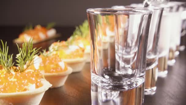 Een glas wodka op de tafel met een snack — Stockvideo