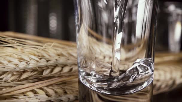 Slow motion een glas wodka op de tafel met een snack — Stockvideo