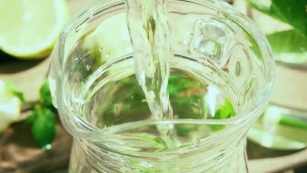 Slow motion the camera follows the stream of water to pour into a decanter with mint — Stock Video