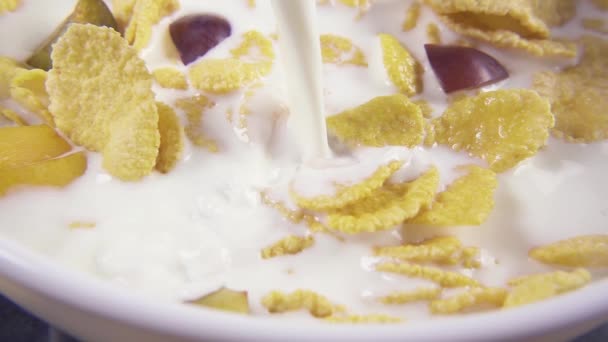 Movimiento lento en copos de maíz vierta la leche de cerca — Vídeos de Stock