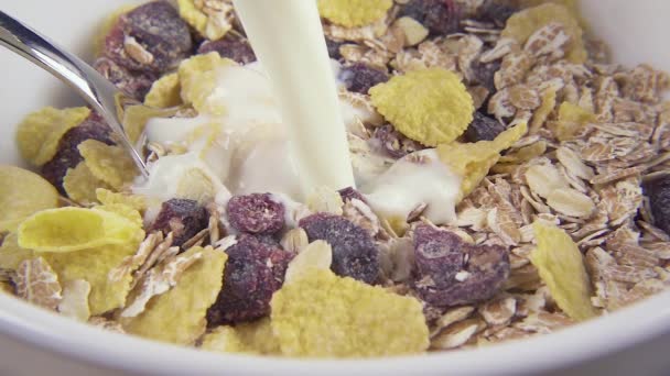Pour melk slowmotion in haver en cornflakes met gedroogde vruchten — Stockvideo