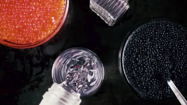 Slow motion vodka i ett glas och kaviar på svart bakgrund — Stockvideo